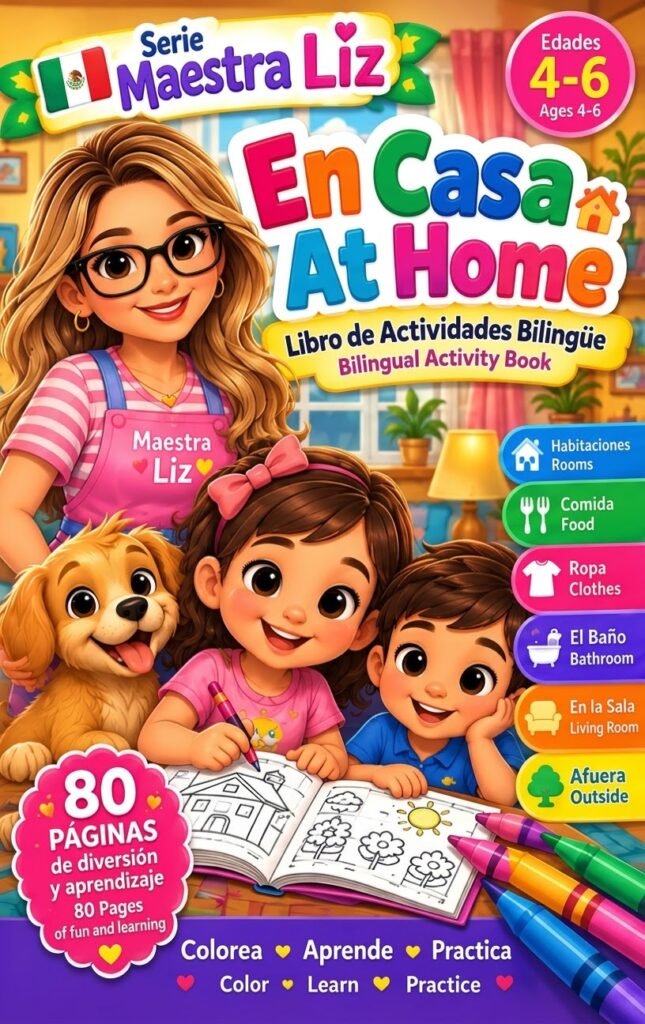 Cover of En Casa / At Home, Serie Maestra Liz: Maestra Liz with two children and a puppy coloring at a table