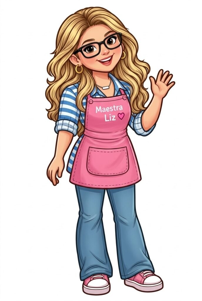 Maestra Liz waving hello, with glasses, long wavy hair and her pink Maestra Liz apron