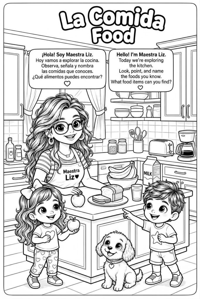 La Comida / Food chapter welcome page: Maestra Liz, Sofía, Leo and Coco the puppy explore the kitchen in Spanish and English