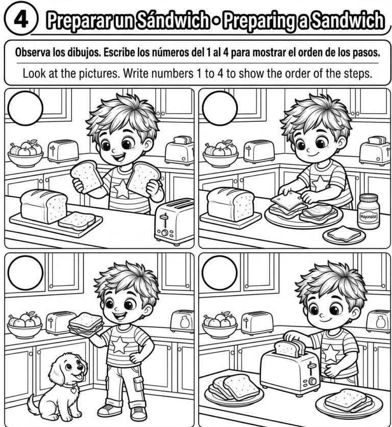Sequencing page from the Rooms chapter: children number the steps as Leo makes his bed