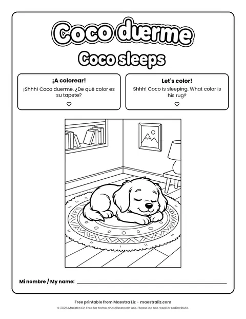 Free Spanish-English coloring page: Coco duerme / Coco the puppy sleeps
