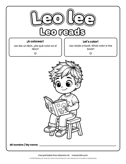 Free Spanish-English coloring page: Leo lee / Leo reads a book