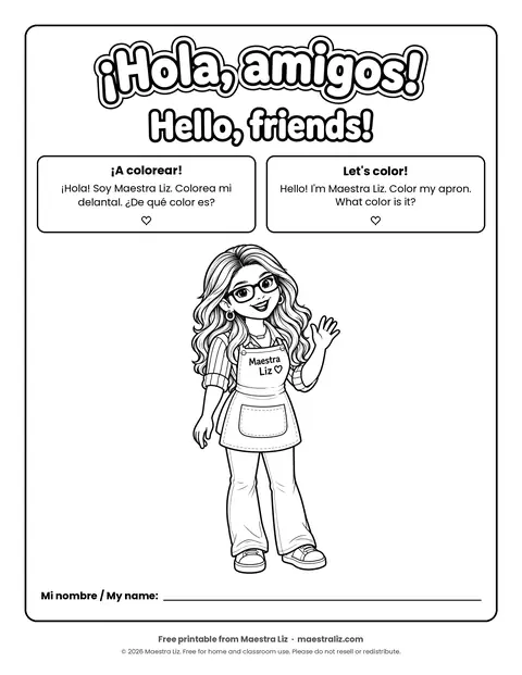 Free Spanish-English coloring page: Maestra Liz says ¡Hola, amigos! / Hello, friends!