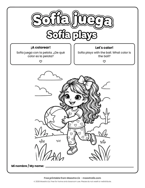 Free Spanish-English coloring page: Sofía juega / Sofía plays with a ball